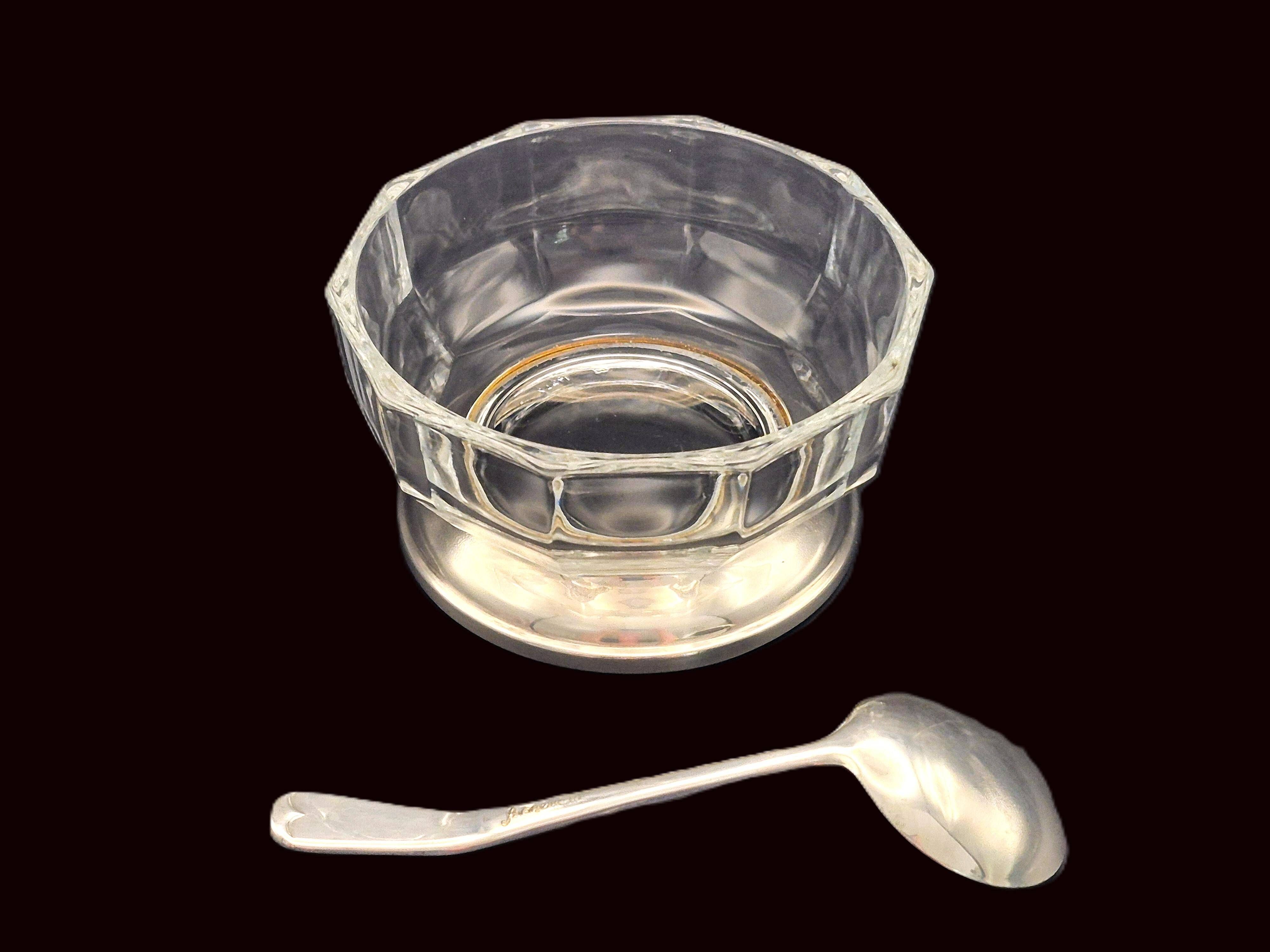 Art Deco thick crystal/glass bowl, silver-plated metal pedestal.