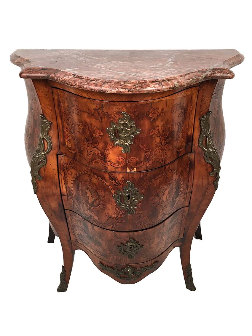 Louis XV style chest of drawers, richly inlaid, animated front and side. 19th century