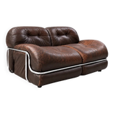 Canapé en cuir marron et chrome, années 1970