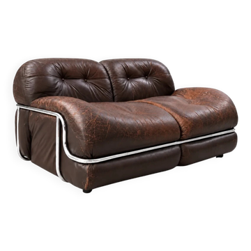 Brown leather and chrome sofa, 1970s