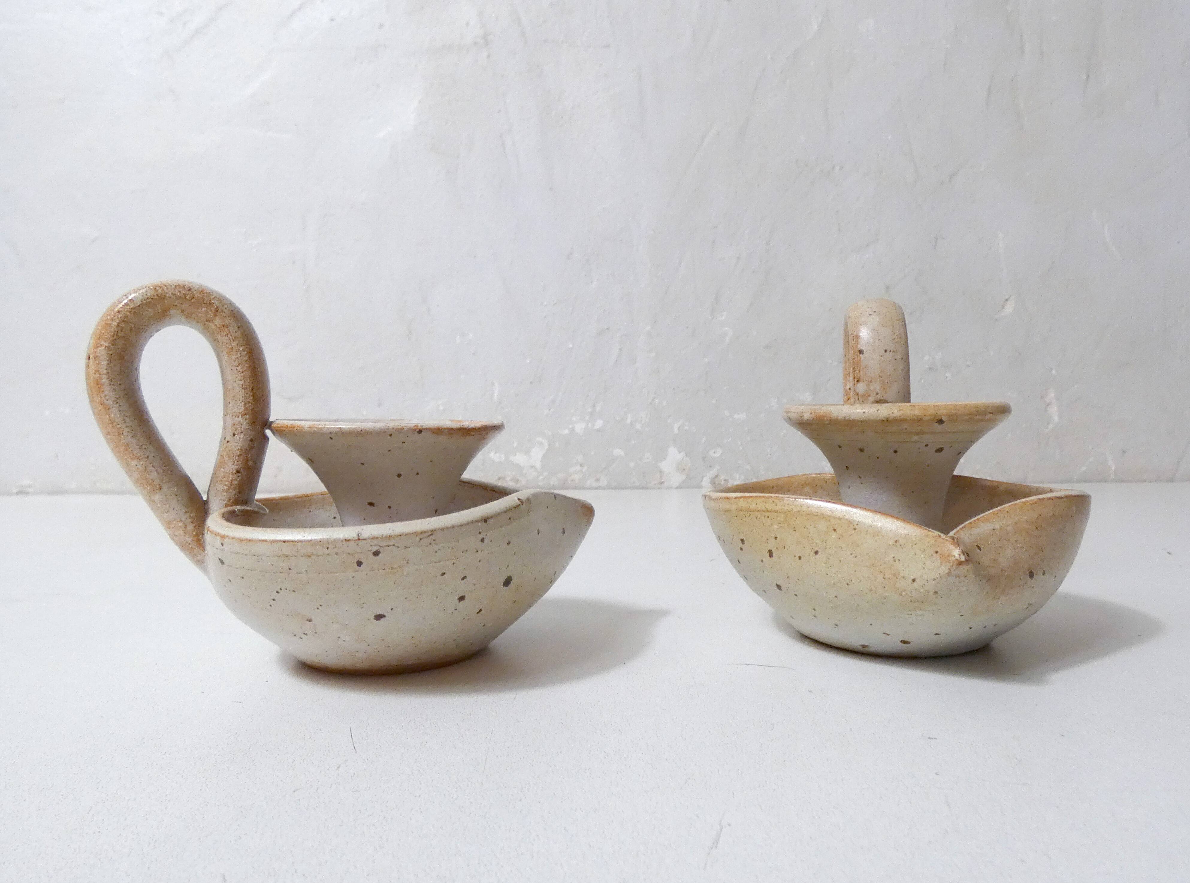 pair of vintage stoneware candlesticks