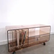Vintage hifi, LP cabinet, TV unit made of tinted plexiglass on wheels, records.