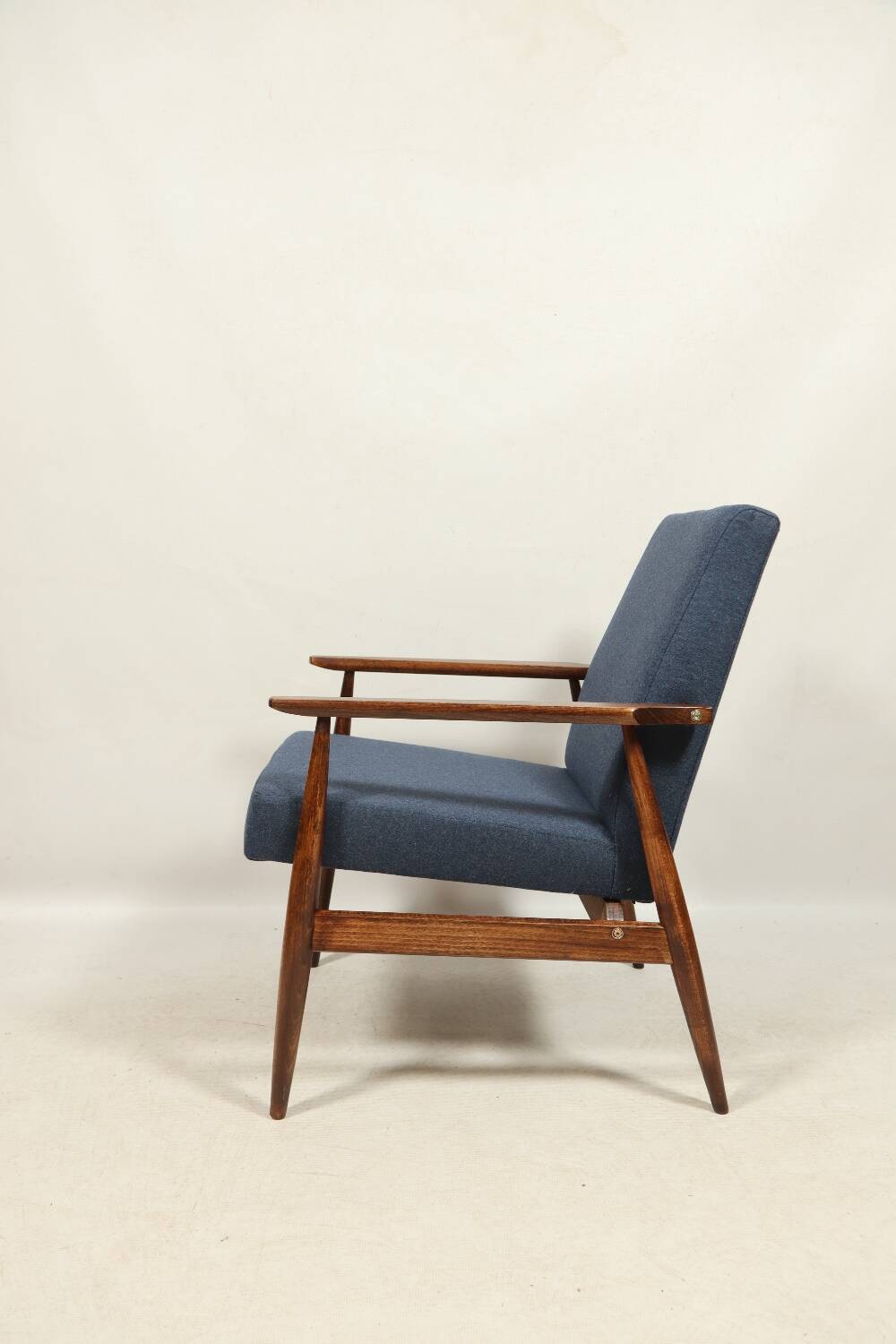 Scandinavian armchair navy blue natural wool dark brown wood design by H.Lis