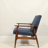Scandinavian armchair navy blue natural wool dark brown wood design by H.Lis