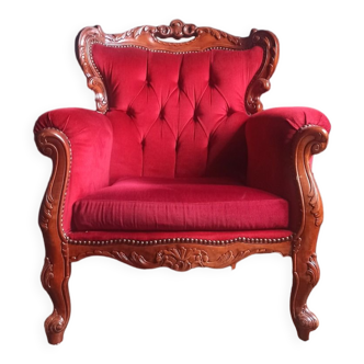 Fauteuil en bois sculpté style baroque en velour rouge bordeau