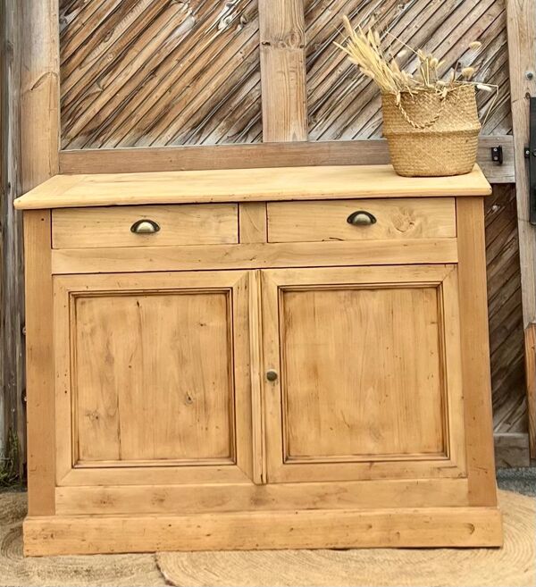 Buffet de campagne ancien en bois massif brut 2 tiroirs