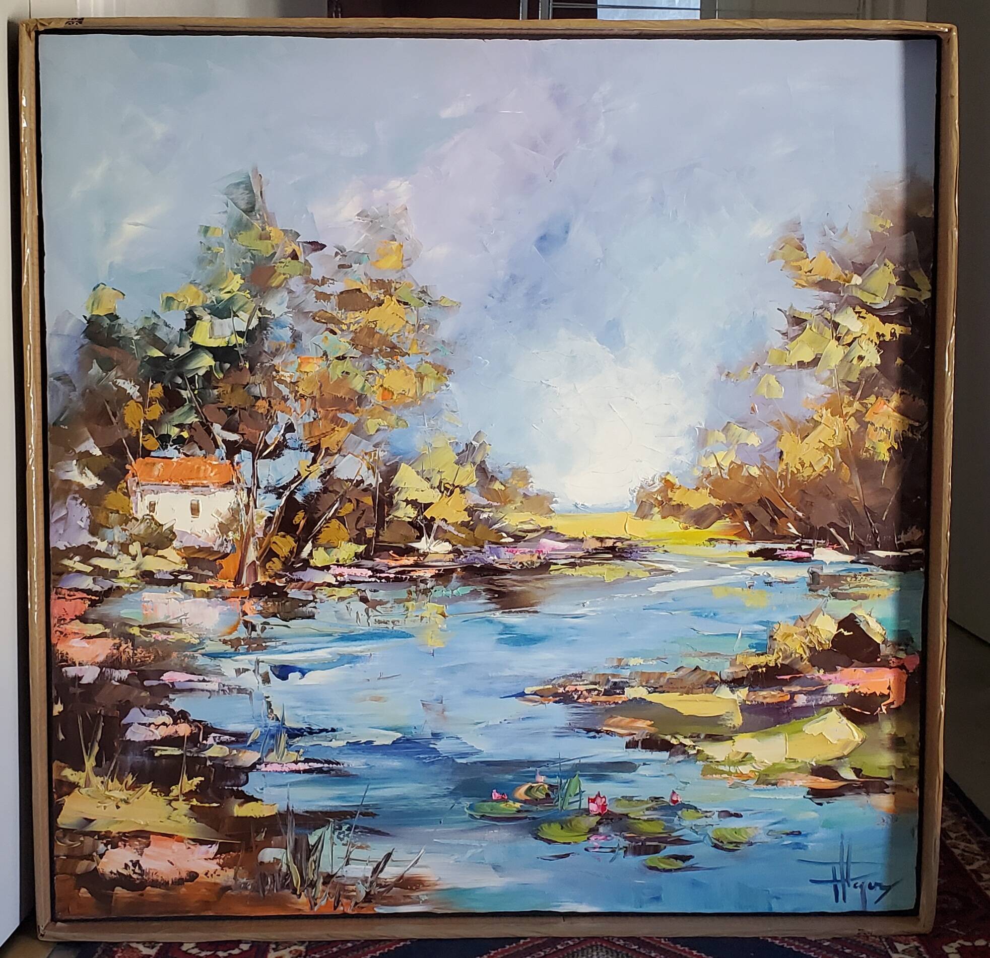 vraie peinture paysage étang 80 cm