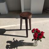 Small high tripod stool in brown solid wood