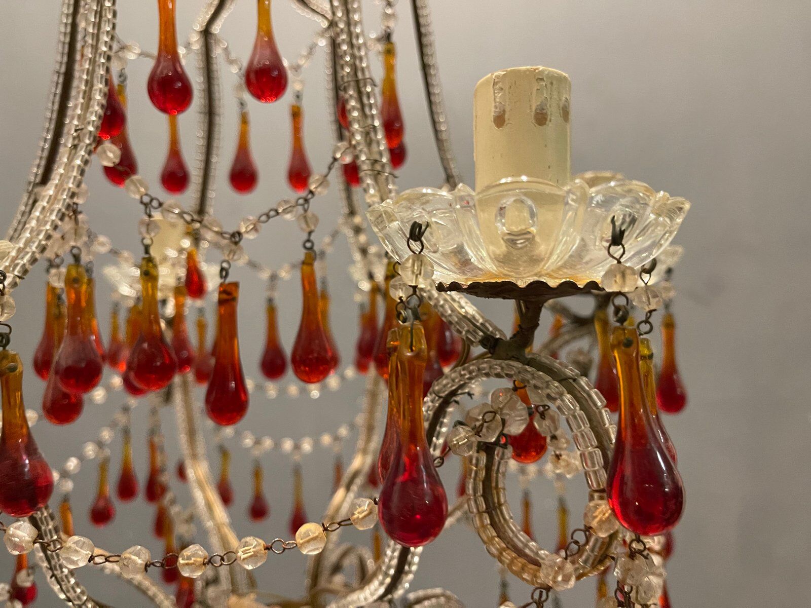 Vintage italian murano glass crystal macaroni beaded chandelier, 1950s