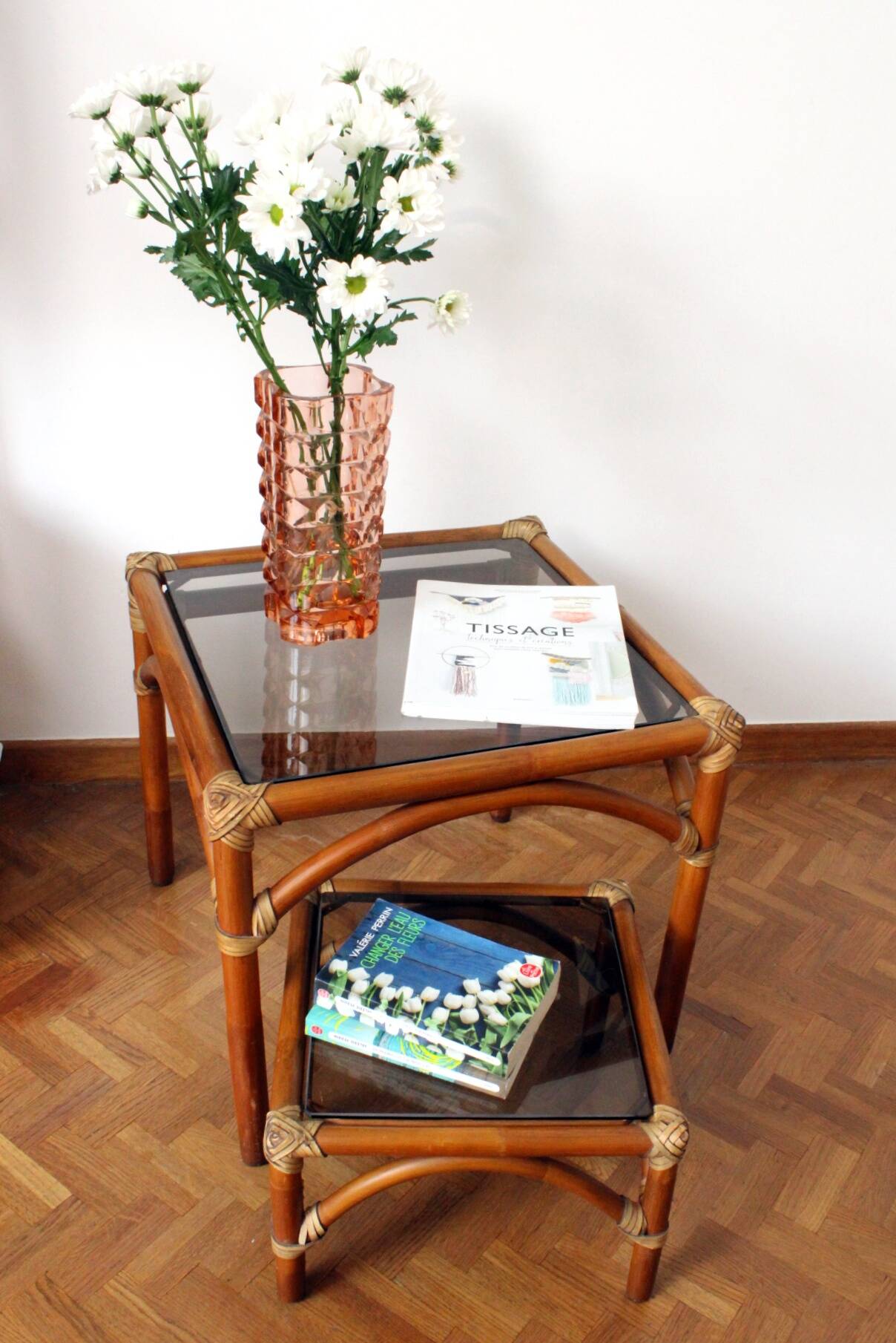 Rattan and smoked glass coffee table set