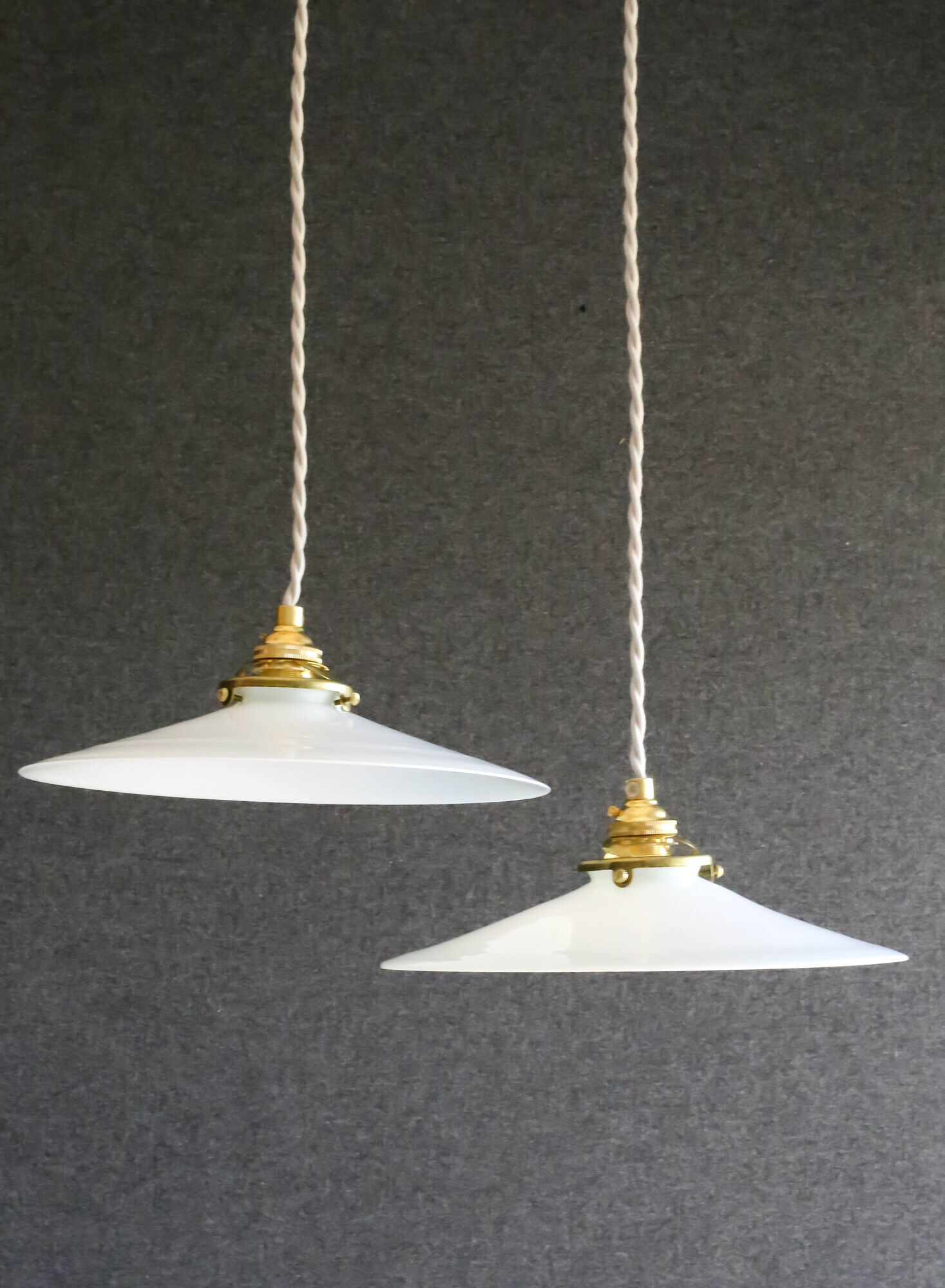 2 French suspensions in smooth white opalines with new cables and sockets