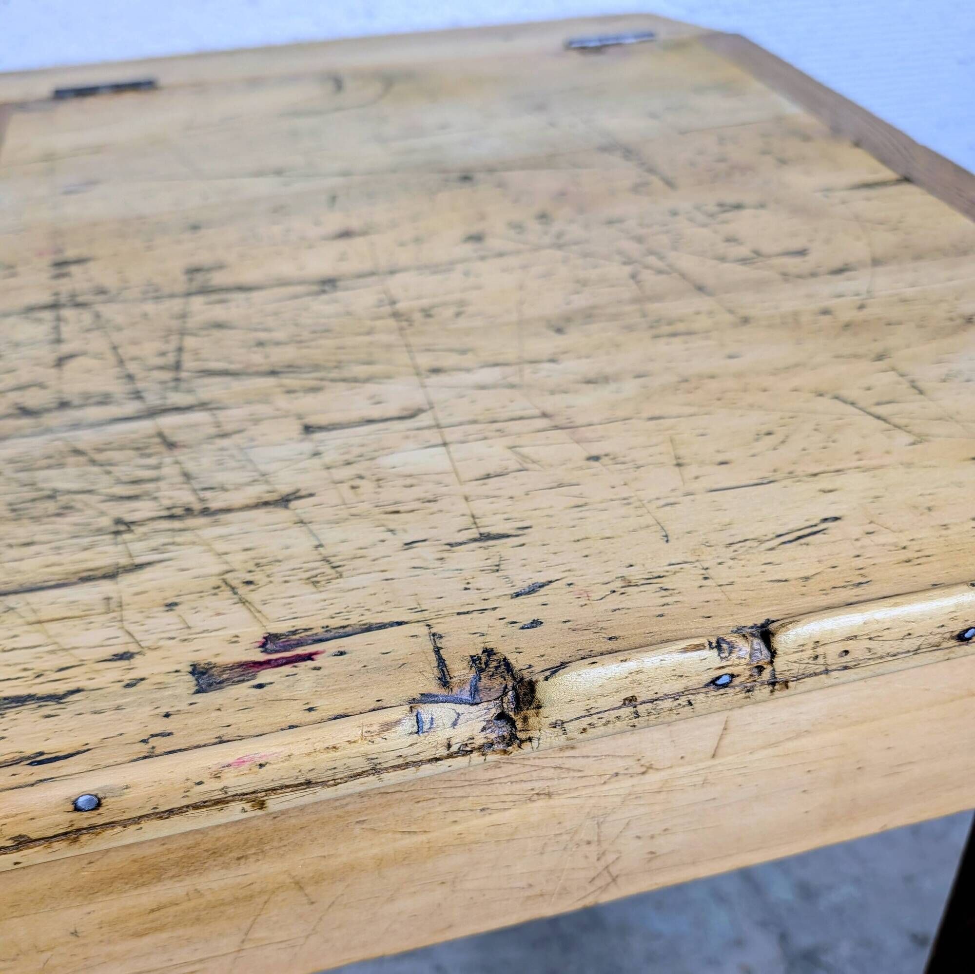 Antique wooden school desk with double lift-up tops.
