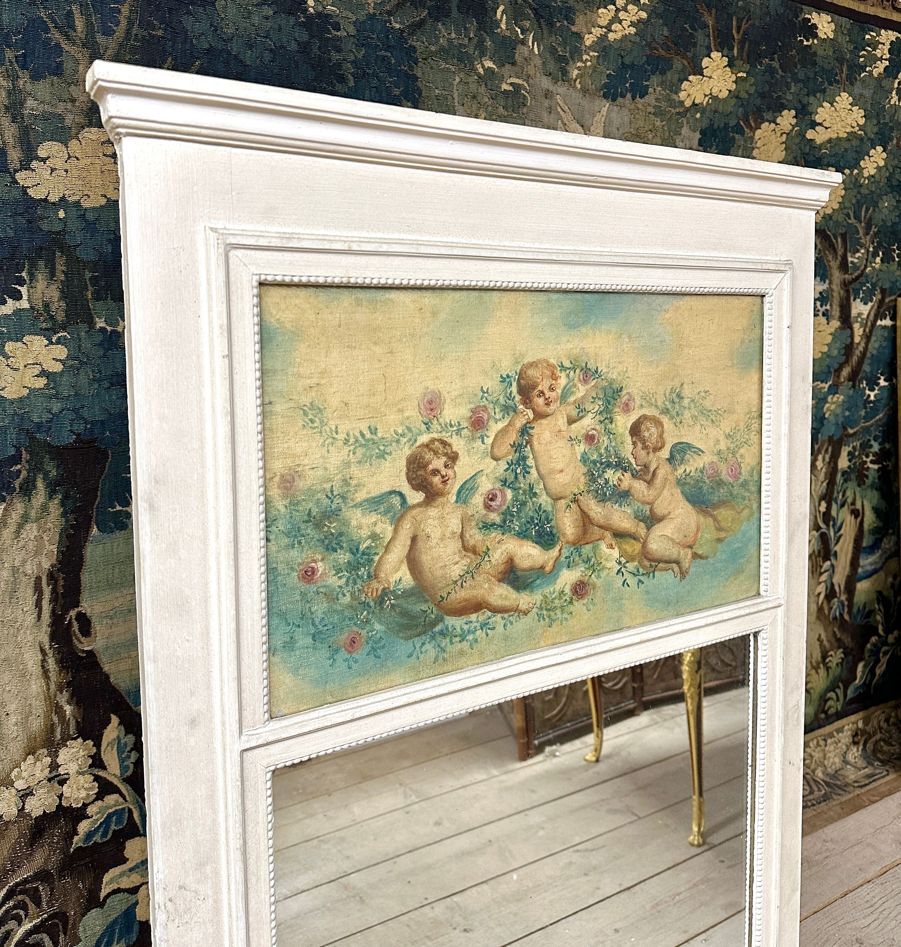 Fireplace Trumeau In White Lacquered Wood, Late 19th Century, Louis XVI Style
