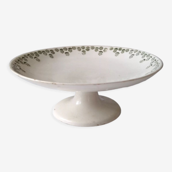 Plat en céramique ancien à pied de couleur crème et motif floral minimaliste vert Faverney