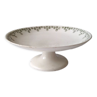 Antique cream-colored footed ceramic dish with Faverney green minimalist floral pattern