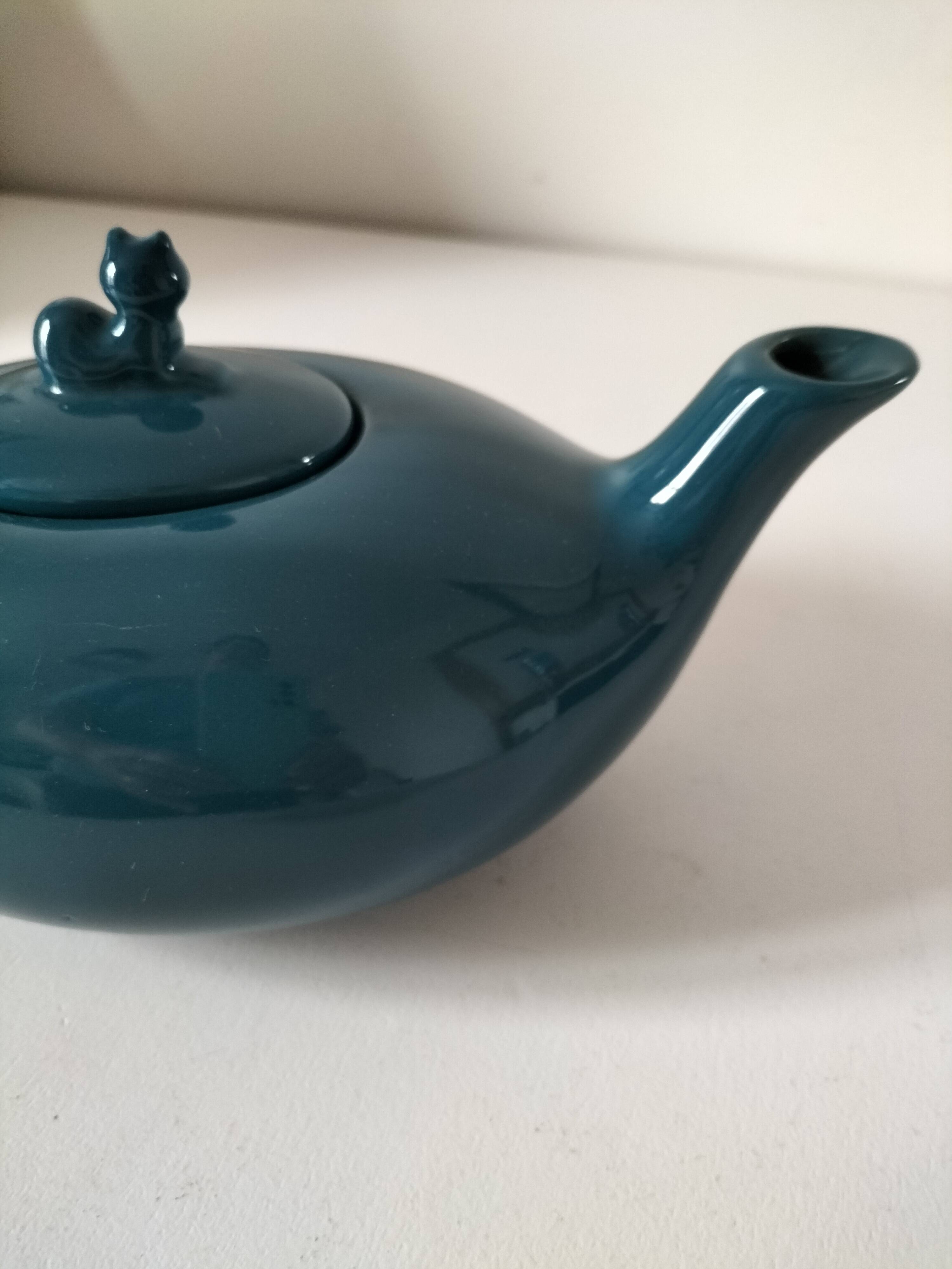 Vintage design teapot – cat model – duck blue glazed ceramic