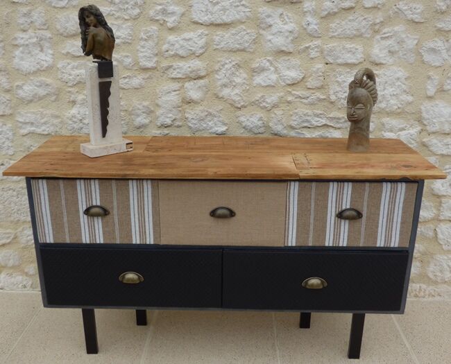 Console with raw wood top and 5 drawers in burlap and imitation leather