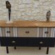 Console with raw wood top and 5 drawers in burlap and imitation leather