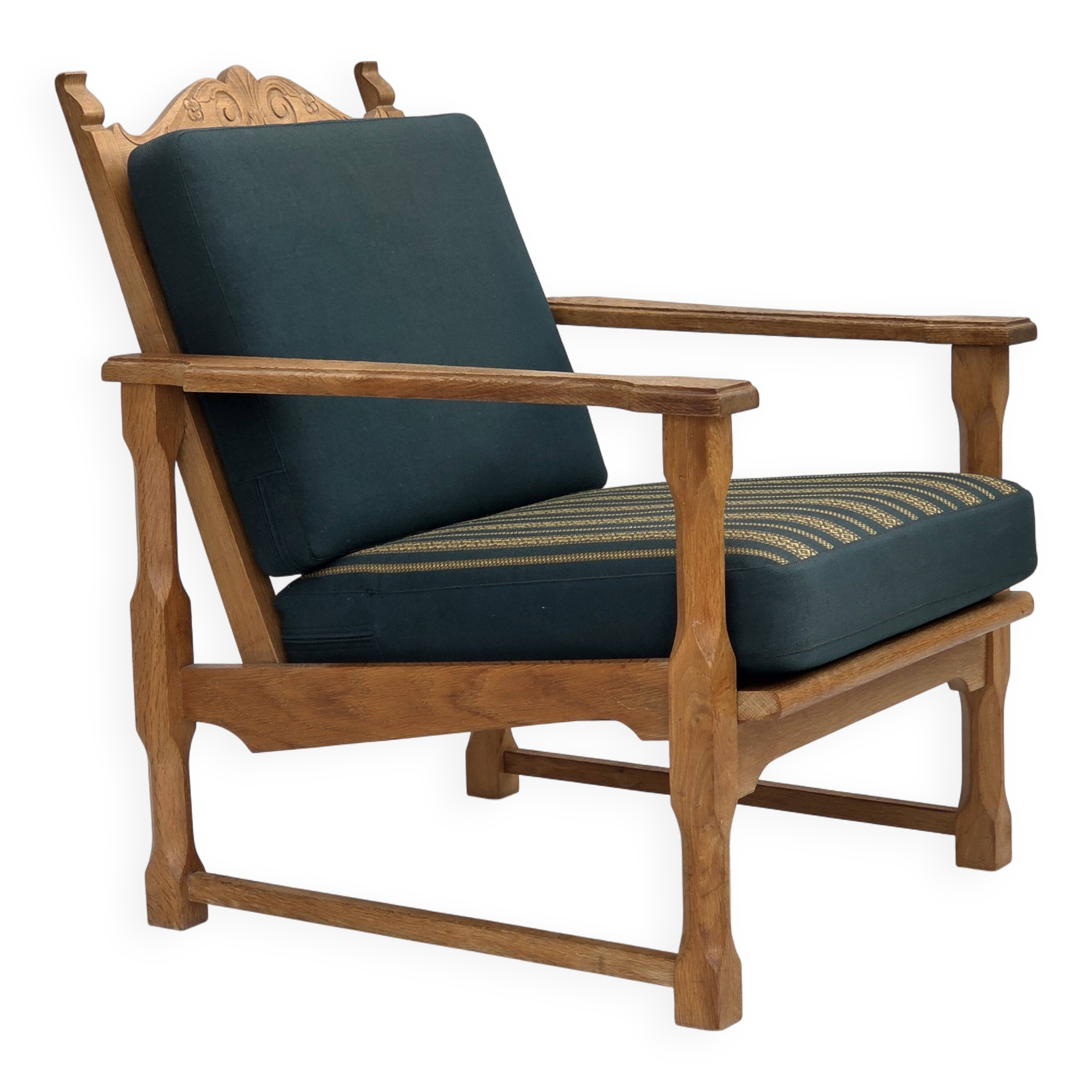1970s, Scandinavian lounge chair, green furniture wool, solid oak wood.