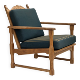 Fauteuil de salon scandinave des années 1970, laine verte pour meubles, bois de chêne massif.