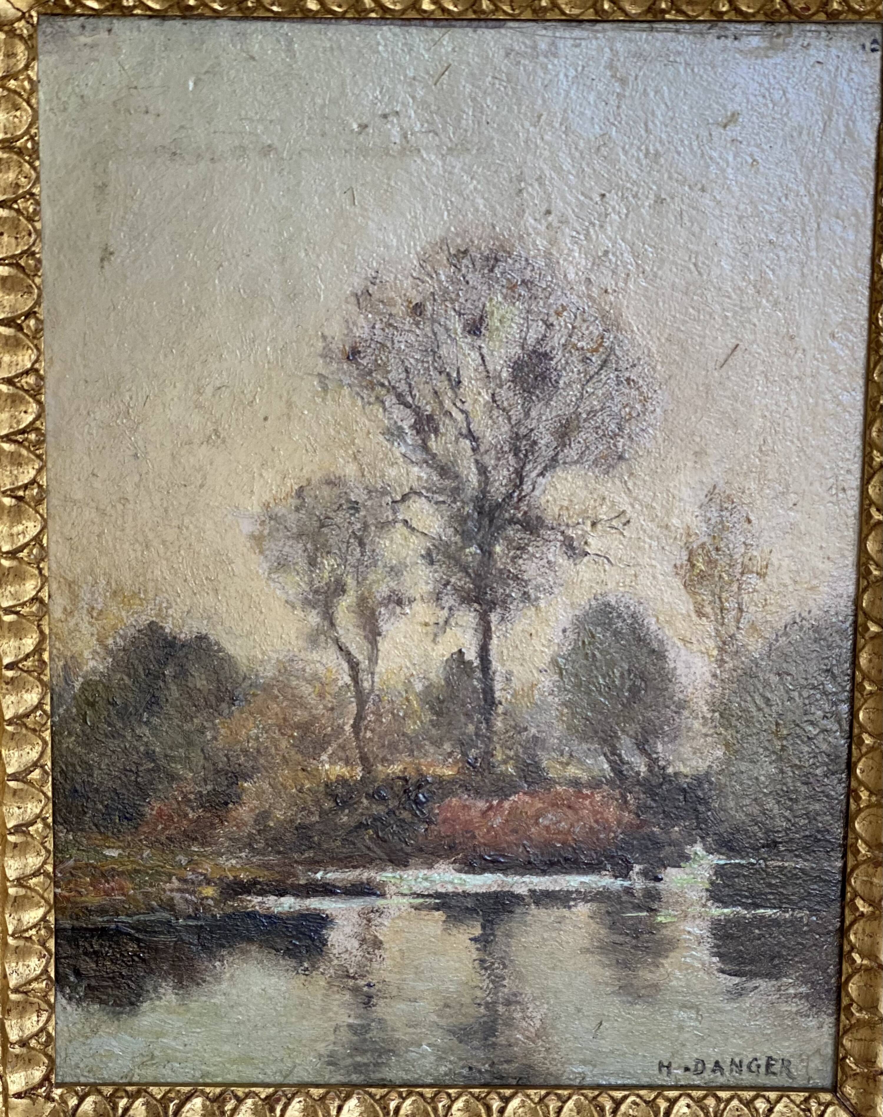 Painting by henri danger, the banks of the indre at huimes, 19th century landscape
