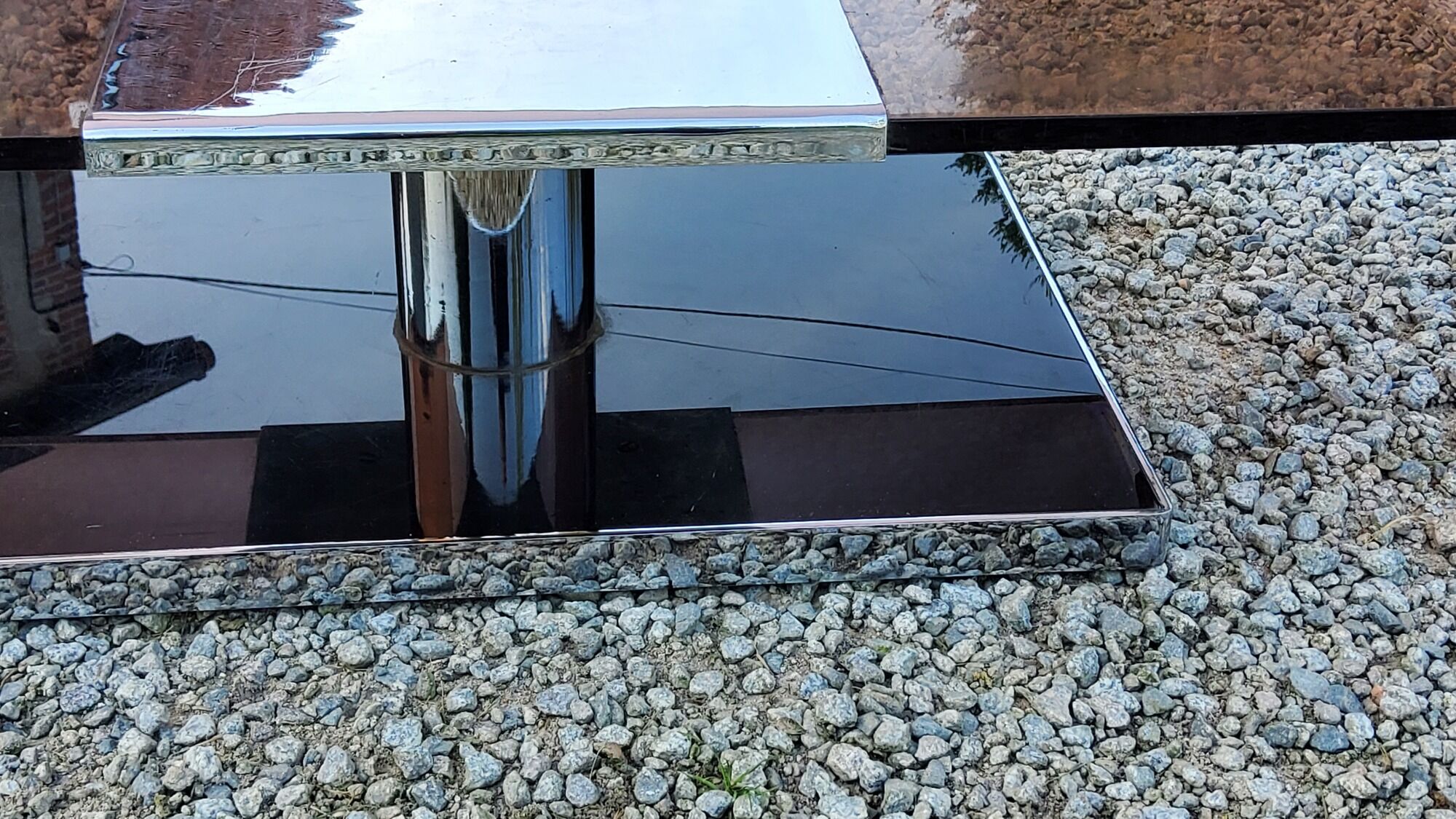 Coffee table from the 70s in chromed steel and smoked plexiglass double swivel trays