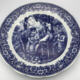 Blue enamelled earthenware wall dish with peasant scene decor Boch La Louvière
