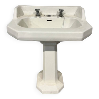 Vintage Art Deco pedestal sink - White ceramic - 1950s