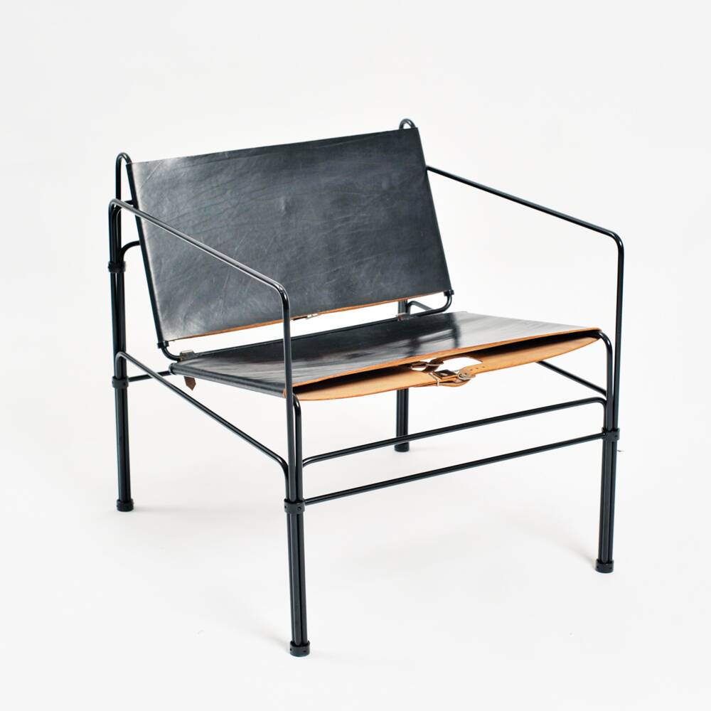 Black modernist design lounge set by Jan van Opzeeland in leather and steel bar, Netherlands, 1980s