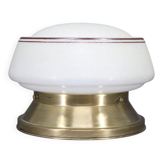 1930s Art Deco brass ceiling light with opaline glass shade, Czechoslovakia, Res