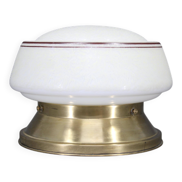1930s Art Deco brass ceiling light with opaline glass shade, Czechoslovakia, Res
