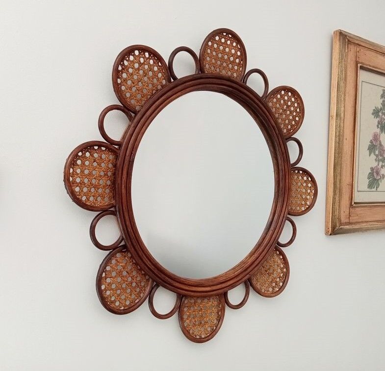 Vintage rattan flower mirror and cannage 60s/70s