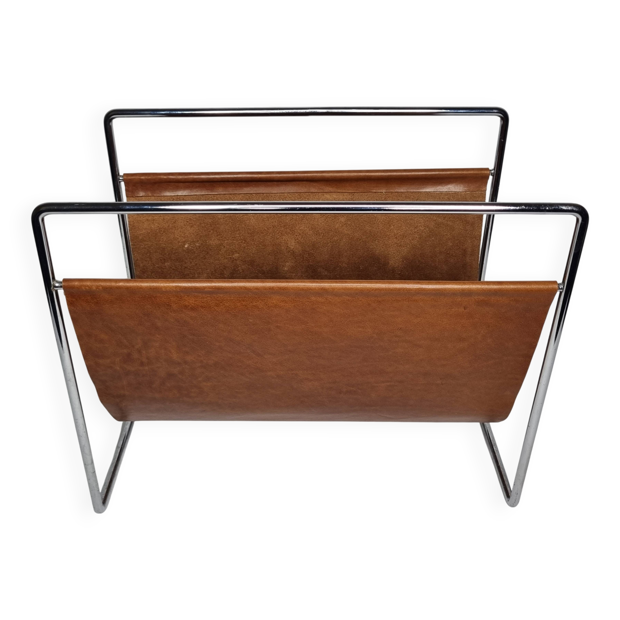 Vintage leather and chrome metal magazine rack, modernist design, 70s