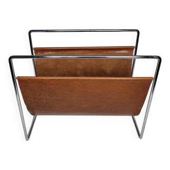 Vintage leather and chrome metal magazine rack, modernist design, 70s