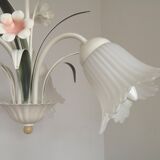 Vintage 3-light chandelier in pink and white metal and glass shaped like flowers, France.