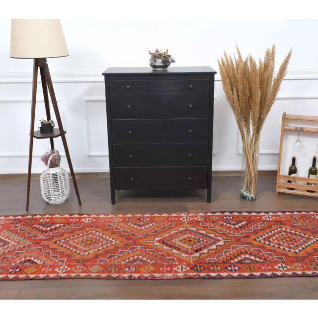1970s Vintage Turkish Hand-Knotted Wool Cotton Red Runner Rug 90x290