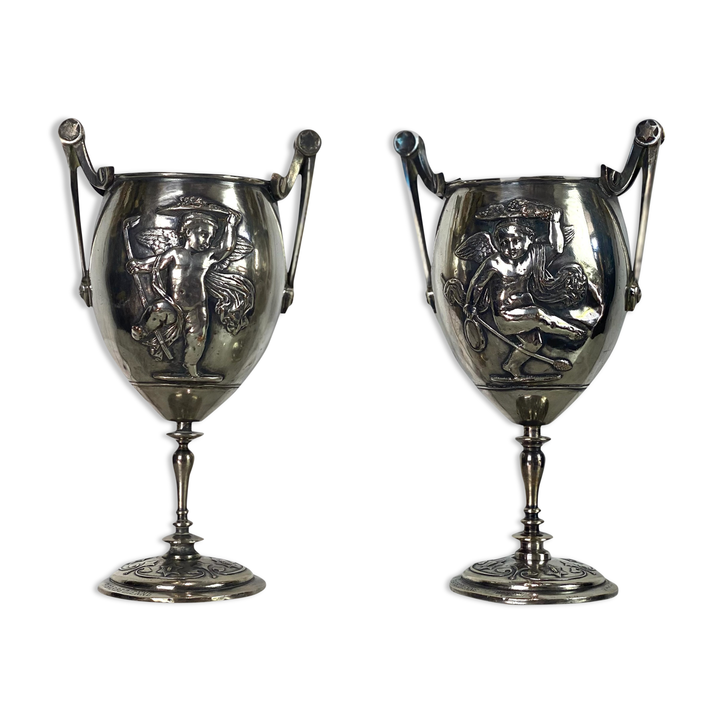 Ferdinand barbedienne 1810/ 1892 pair of silver bronze cups from the 19th to set de putti