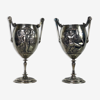 Ferdinand barbedienne 1810/ 1892 pair of silver bronze cups from the 19th to set de putti