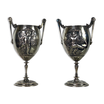 Ferdinand barbedienne 1810/ 1892 pair of silver bronze cups from the 19th to set de putti