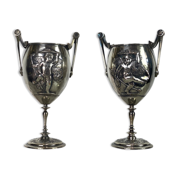 Ferdinand barbedienne 1810/ 1892 pair of silver bronze cups from the 19th to set de putti
