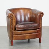 Fauteuil club en cuir de mouton couleur cognac