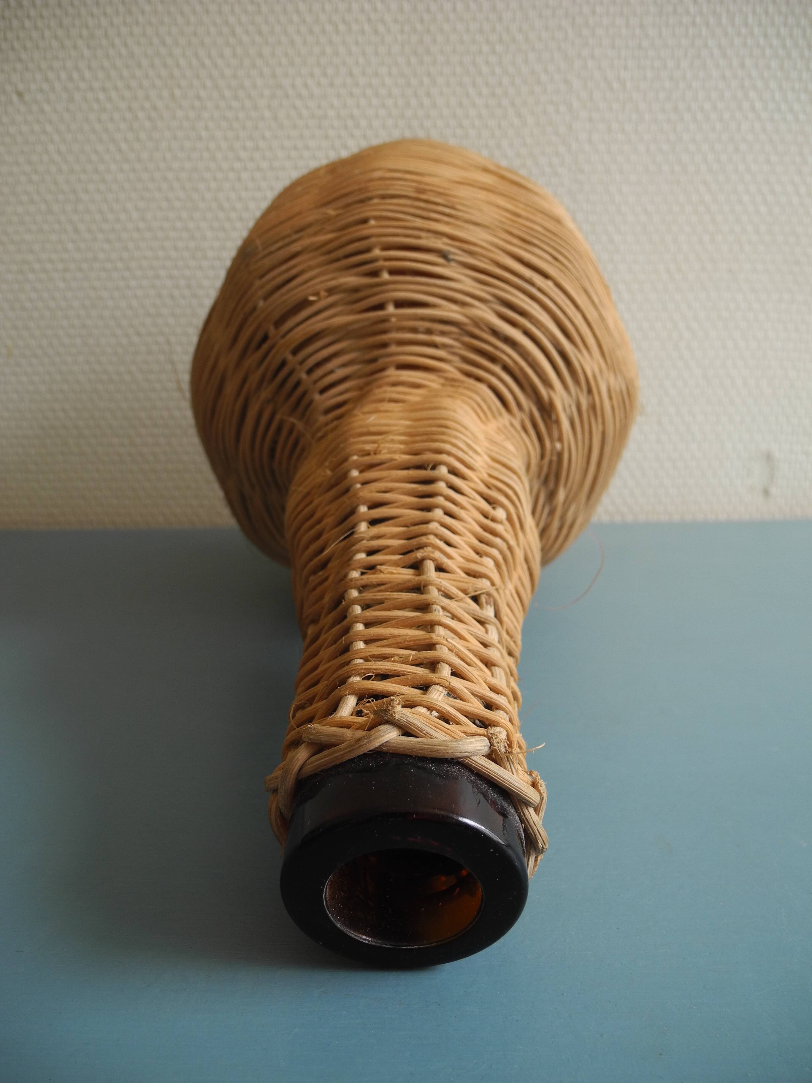 old amber glass bottle VB wicker vintage deco glass bottle wicker