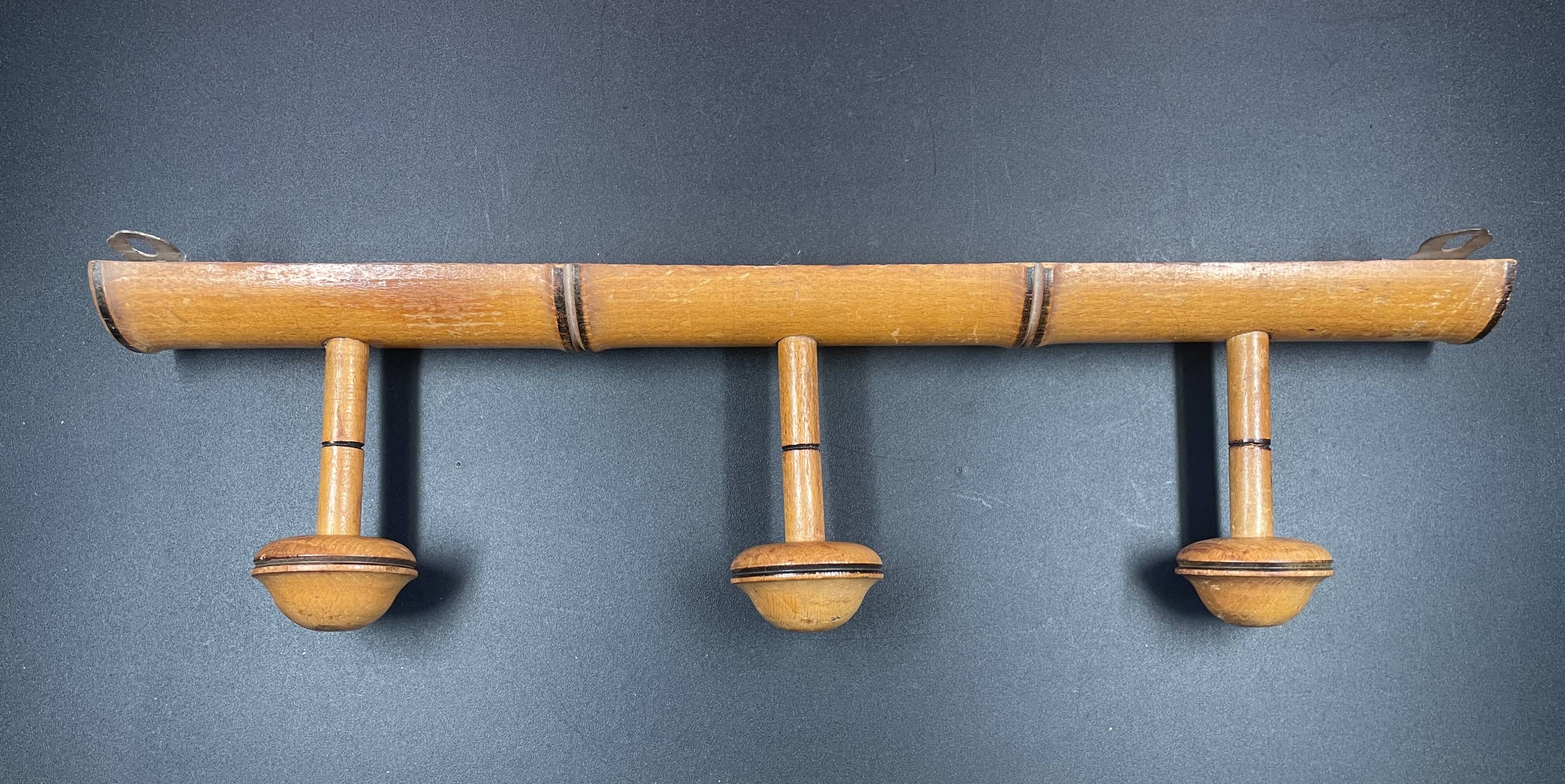 Old turned wooden coat rack 1930s bamboo style - 3 hooks