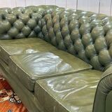 1970s Green Leather 3 Seater Chesterfield Sofa