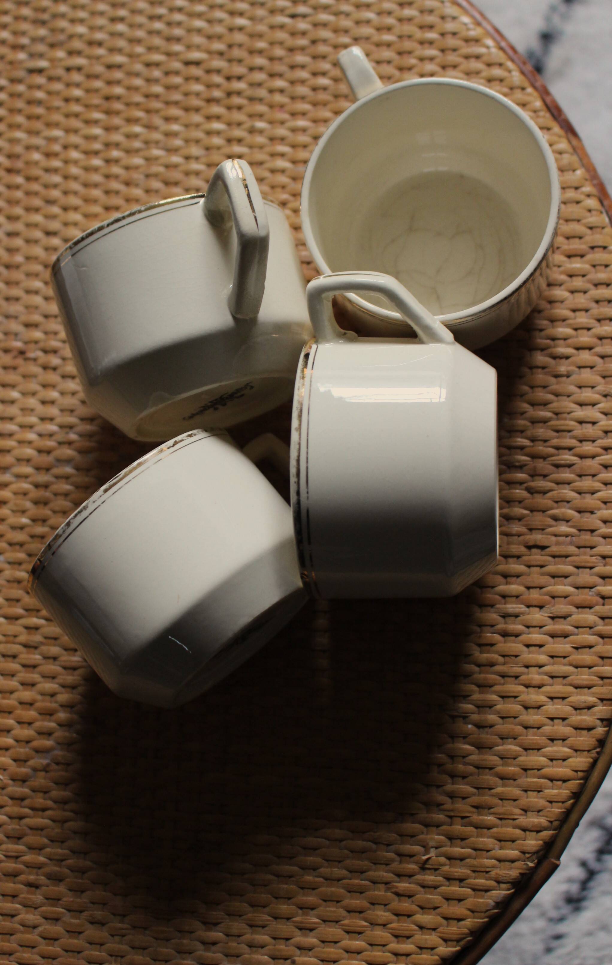 4 cups in ecru and gold Sarreguemines earthenware