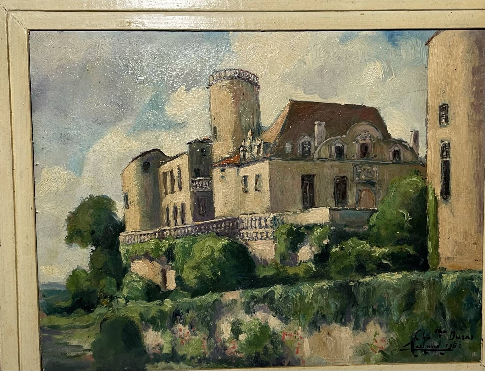 Old French painting signed and dated 1952 – Castle and garden – Oil