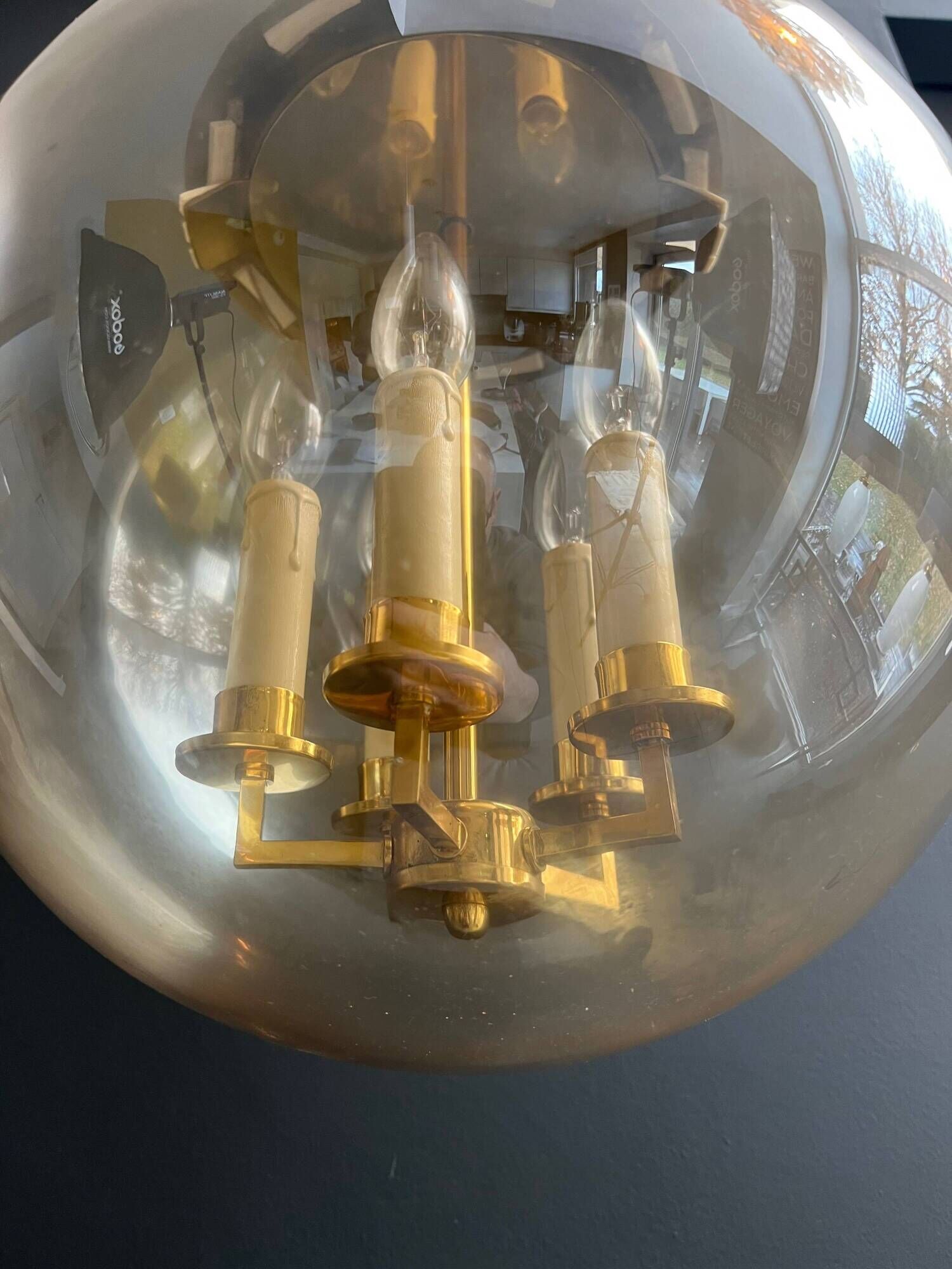 Smoked Glass and Brass Four-Light Suspension Pendant. French Work.