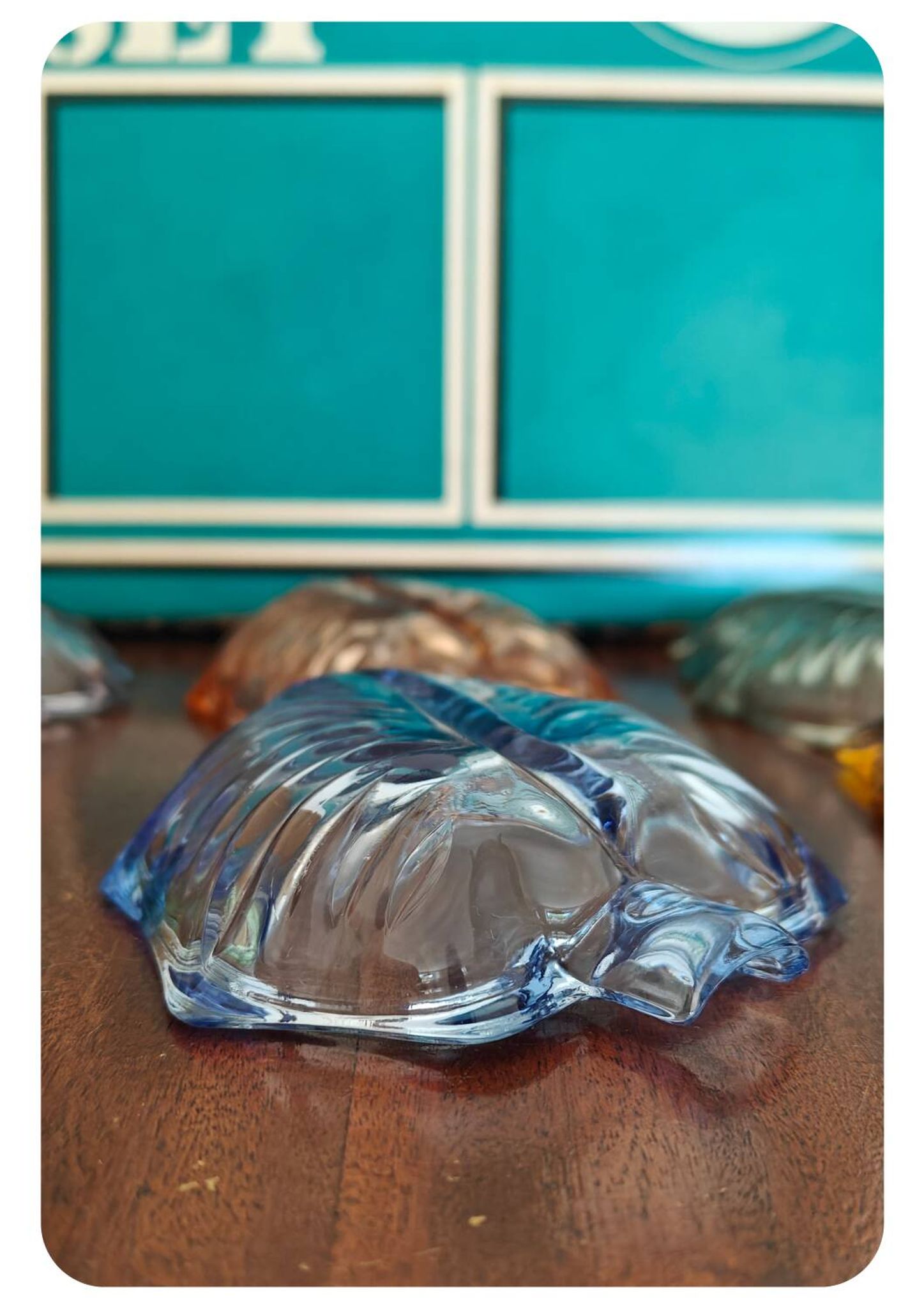 6 assiettes en forme de feuille en verre pressé Arlequin, milieu XXème