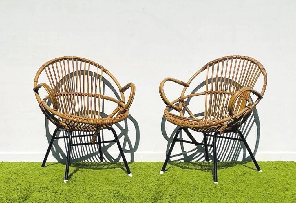 Pair of lounge rattan armchairs by D. Van Sliedregt / R. Noordwolde. Vintage