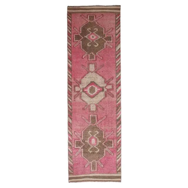 Vintage Turkish Oushak Handmade Wool Cotton Pink Runner Rug 90x303